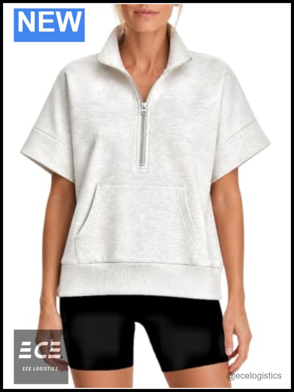 Half Zip Sweatshirt Short Sleeve Mock Neck Pullover Kangaroo Pocket